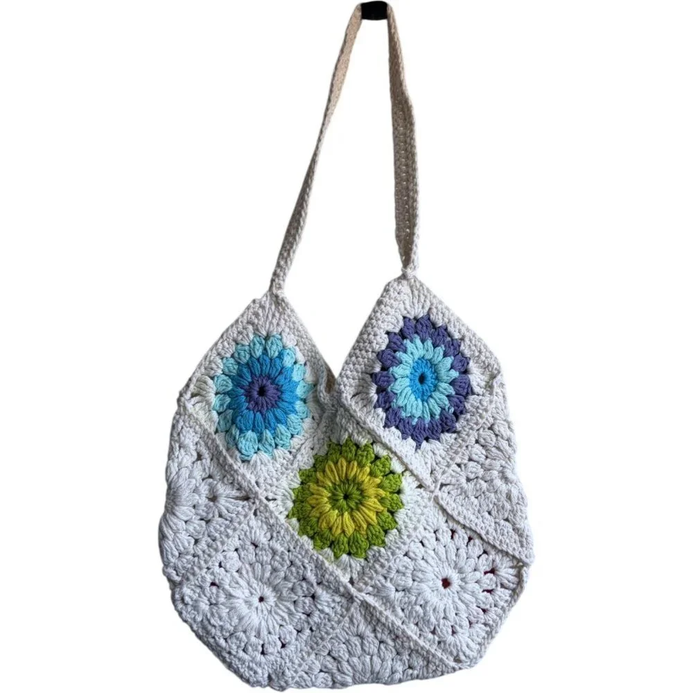 Handmade Granny Square Hobo Shoulder Tote Bag White with Colorful Floral Patten
